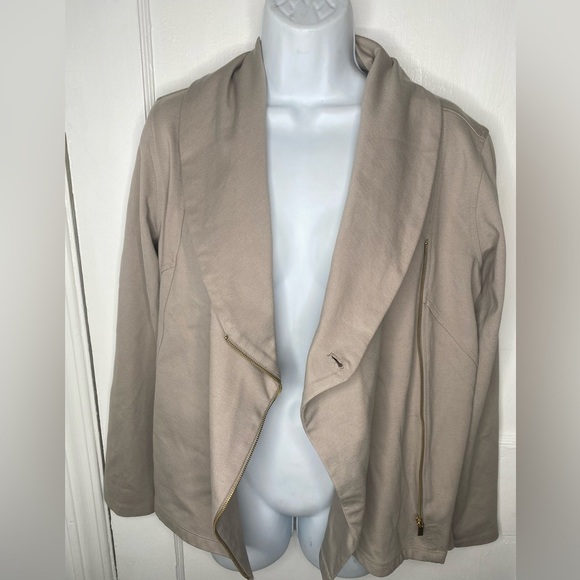 IMAN NWT Tan Global Chic Perfect Ponte Draped Beige Asymmetrical Jacket - Picture 4 of 9